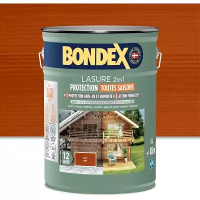 Lasure 2 en 1 protection extérieure - Teck - Satin - Protection 12 ans - Toutes saisons - Bondex - 5L Lasure 2 en 1 protection extérieure - Teck - Satin - Protection 12 ans - Toutes saisons - Bondex - 5L