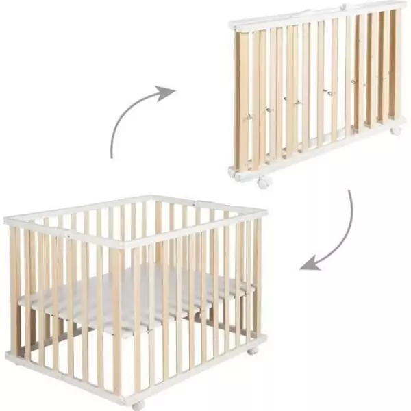 Parc bébé pliant - ROBA - 75 x 100 cm - Réglable en hauteur - Roulettes - Bois / Blanc