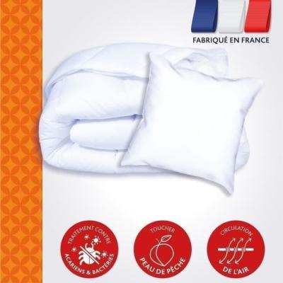 DODO Pack Couette chaude anti-acariens 140x200 cm + 1 oreiller 60x60 cm - Splendeur - Garnissage 100% volupt'air 350gr/m² - Bla