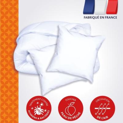 DODO Pack Couette chaude anti-acariens 240x260 cm + 2 oreillers 60x60 cm - Splendeur - Garnissage 100% volupt'air 350gr/m² - Bl