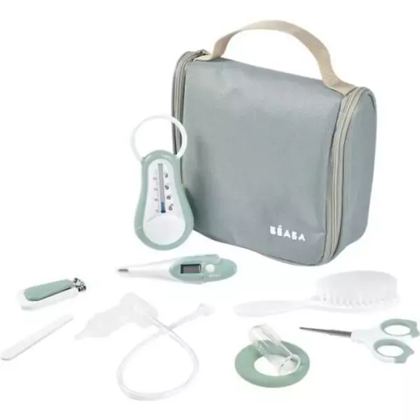 BEABA, Trousse de toilette bébé, nomade, 9 accessoires, vert sauge