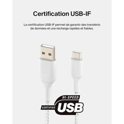 Câble tressé - BELKIN - USB-C vers USB-A - 1 m - Blanc