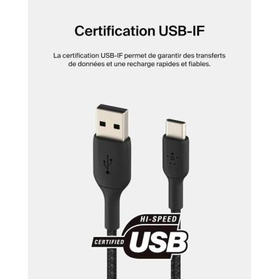 Câble tressé - BELKIN - USB-A vers USB-C - 3 m - Noir