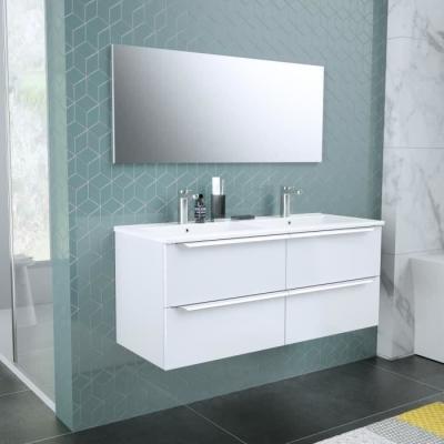 Meuble de salle de bain double vasque avec miroir L 120cm - 4 tiroirs - Blanc laqué brillant - ZOOM