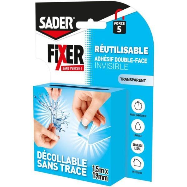 Adhésif double face extra - SADER - Fixer sans percer - Invisible - Décollable/réutilisable - Transparent - 1.5 m x 19 mm