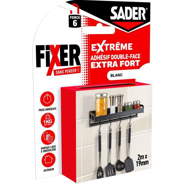 Adhésif double face extra fort - SADER - Fixer sans percer - Extreme - Intérieur - Supporte jusqu'a 10 Kg - Blanc - 2 m x 19 m