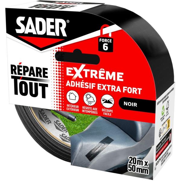 Adhésif extra fort - SADER - Repare tout extreme - Intérieur & Exterieur - Toutes surfaces - Noir - Facile a découper - 20 m