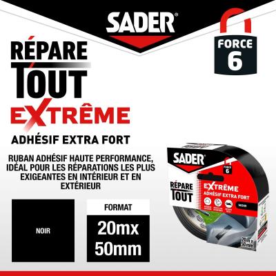 Adhésif extra fort - SADER - Repare tout extreme - Intérieur & Exterieur - Toutes surfaces - Noir - Facile a découper - 20 m
