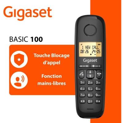 Téléphone fixe - GIGASET - Basic 100 - Mode mains libres - Ecran rétroéclairé - Répertoire 50 contacts - Blocage d'appels