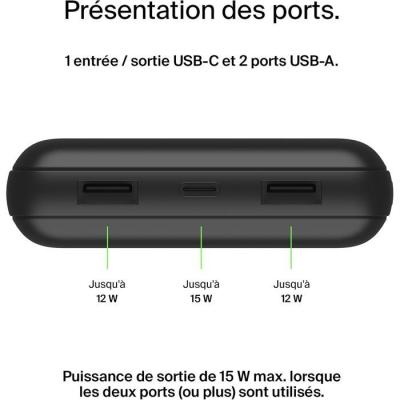 Batterie externe - BELKIN - 20 000 mAh - USB-A & USB-C - 15 W - Noir