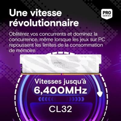 Mémoire gamer - CRUCIAL Pro OC - CP16G64C32U5W - 16&nbsp;Go DDR5-6400 UDIMM - CL32 avec dissipateur thermique - Blanc