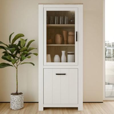 Vitrine - ELARA - 2 portes dont 1 vitrée - Chene / Blanc mat - 76,9 x 42,2 x 185,5 cm
