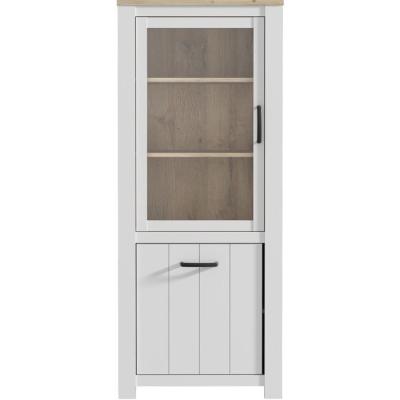 Vitrine - ELARA - 2 portes dont 1 vitrée - Chene / Blanc mat - 76,9 x 42,2 x 185,5 cm