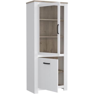 Vitrine - ELARA - 2 portes dont 1 vitrée - Chene / Blanc mat - 76,9 x 42,2 x 185,5 cm