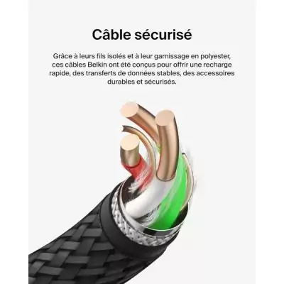 Câble tressé - BELKIN - Connectique USB-C vers USB-A - 2 m - Noir
