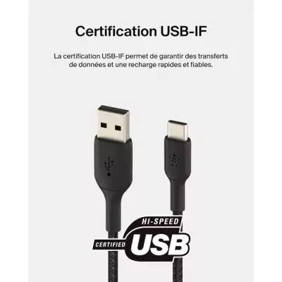 Câble tressé - BELKIN - Connectique USB-C vers USB-A - 2 m - Noir