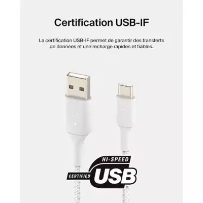 Câble tressé de 2 m BELKIN USB-C vers USB-A - Performance et style en blanc