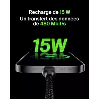 Câble tressé long 3 m USB-A vers USB-C noir - BELKIN